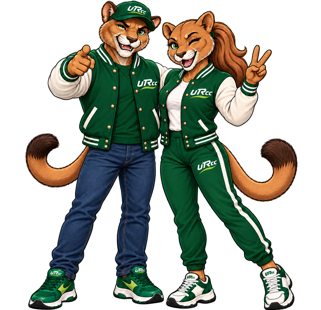 Las dos mascotas puma de UTRcc con uniformes verdes